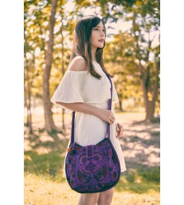 Purple bird embroidered crossbody bag